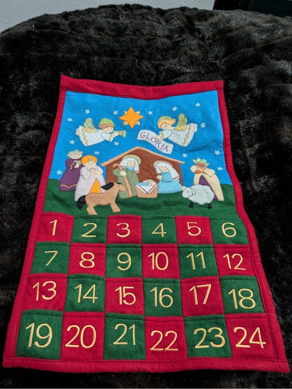 Vintage Handmade Felt Countdown To Christmas Nativity Advent Calendar Wall Decor